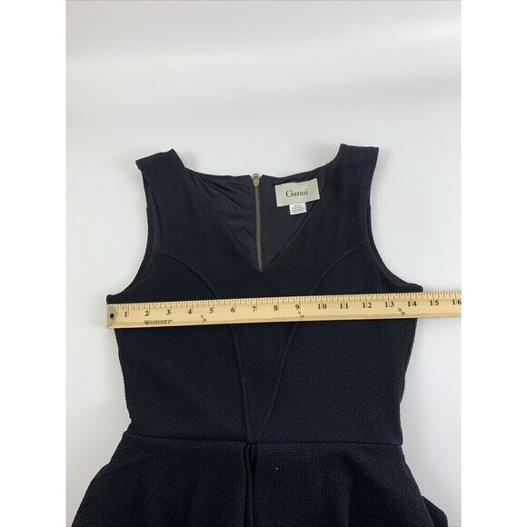 Ganni Peplum Sheath Dress Black Crepe V-Neck Knee Sleeveless Back Zip Womens XS - Picture 9 of 13
